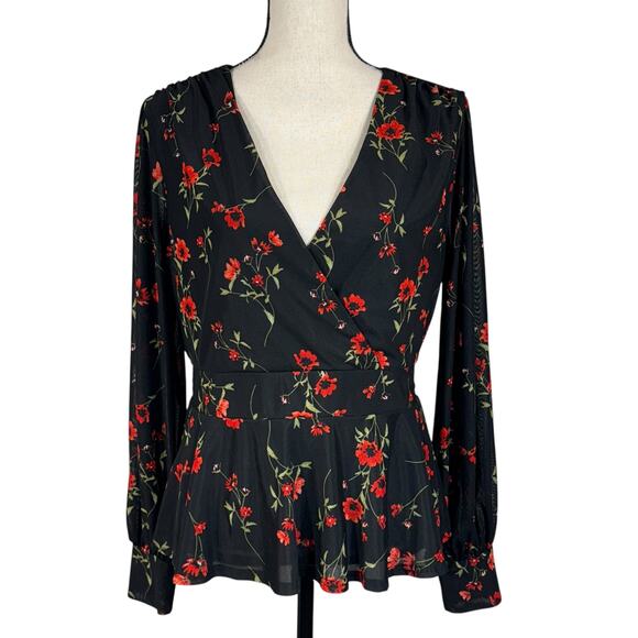 Ember Tops - Ember X-Large Top Floral Lined Long Balloon Sleeve Surplice V-Neck Stretch Multi